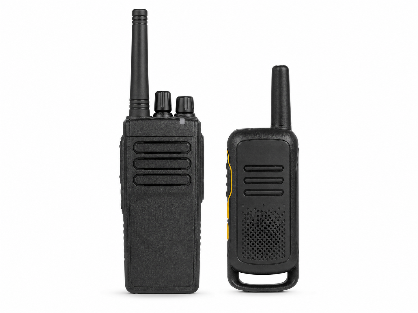 Two handheld radios representing Motorola walkie talkie hire
